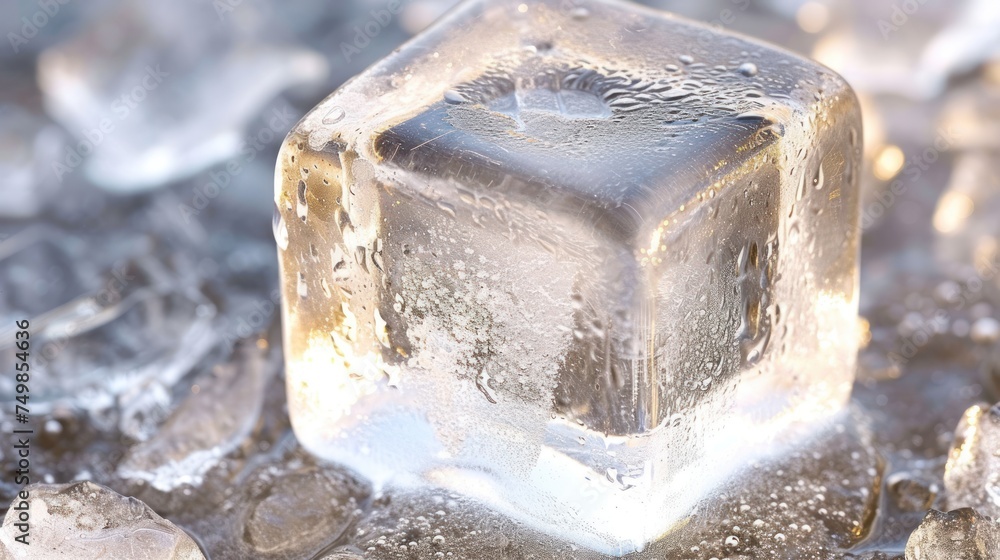 Aufkleber a cube of ice sitting on top of a pile of ice cubes on top of a pile of ice.
