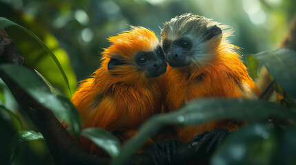 Fototapeta premium red and white lemur, Charming Tamarin Pair Grooming Each Other