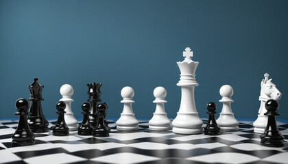 3d rendering, chess game black and white pieces over the blue background. Black queen stands in the middle of the chessboard between two rows of pawns. Politics concept, feminist leadership metaphor - obrazy, fototapety, plakaty