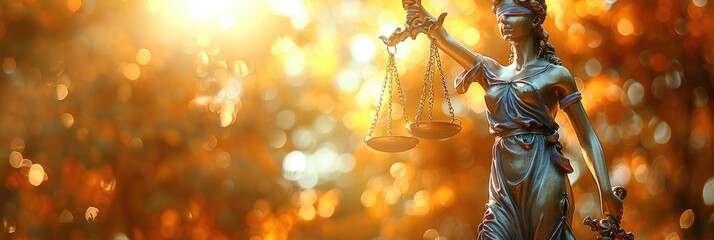 Statue of justice with golden bokeh background. Law and justice concept. Banner - obrazy, fototapety, plakaty