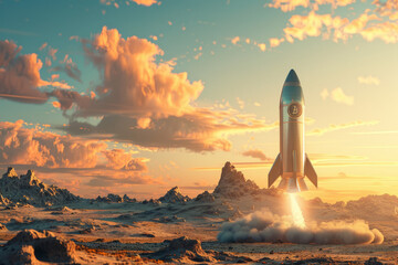Rocket Soaring Through Sunset Sky
