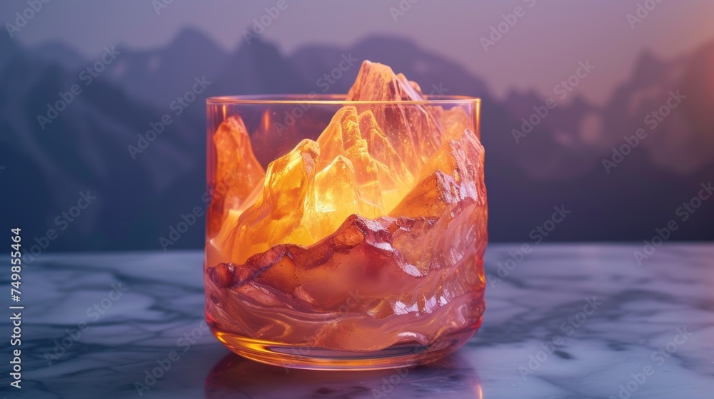 Poster a close up of a glass with ice in it on a table with mountains in the background and a bright light 