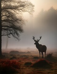 Red deer stag silhouette in the mist Generative AI