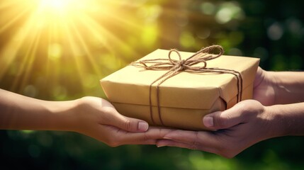 a person's hands holding a wrapped gift box with a string tied around the top of it, with the sun shining through the trees in the background. - obrazy, fototapety, plakaty