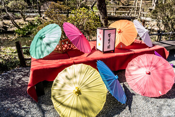 Traditional Japanese umbrellas and a bench installed in the Hundred Herb Garden_04