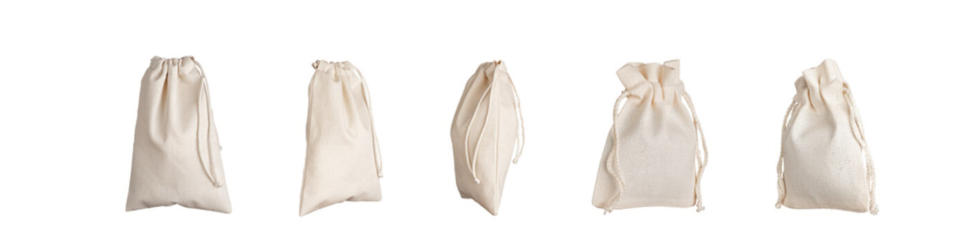 Textile bags set, eco sack with strings, mockup. Natural fabric sack isolated on white