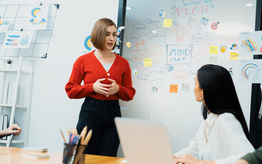 Professional attractive female leader presents creative marketing plan by using brainstorming mind...