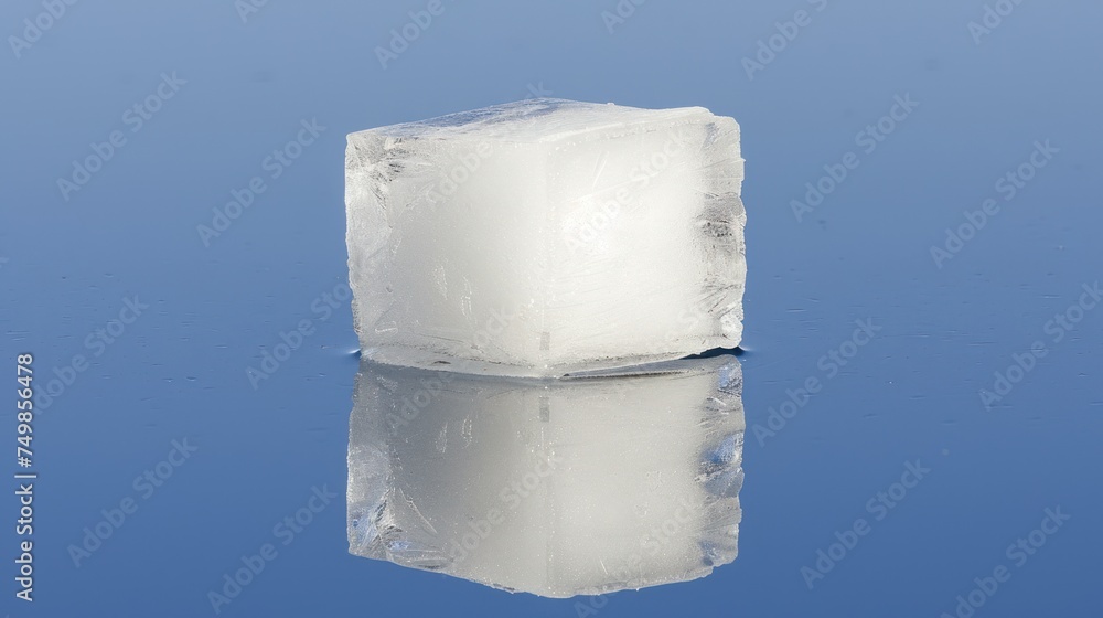 Poster a block of ice sitting on top of a body of water with a reflection on the surface of the water.
