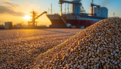 Harvest grain crops, wheat and corn at the seaport for transportation to other countries. economic sanctions. European grain deal. - obrazy, fototapety, plakaty