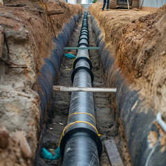 Underground water pipeline installation in trench, infrastructure development for urban water supply system, civil engineering construction
