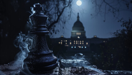 An old statue of a queen chess piece against the background of the Capitol.
