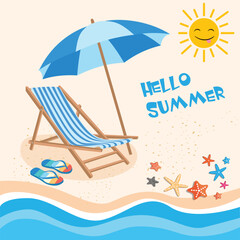 Beach chair on sand with waves and sun. Starfish in different shapes and colors. Colorful flip flops on sand. Smiling sun on beach with sand and waves. Flat vector in cartoon style isolated on white.