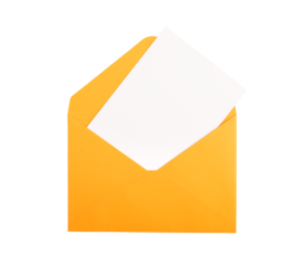 Blank card, postcard mockup in open paper envelope, isolated on white, transparent png