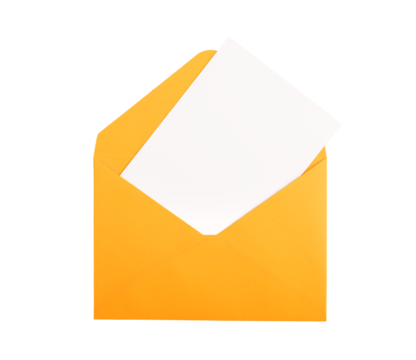 Blank card, postcard mockup in open paper envelope, isolated on white, transparent png