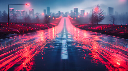 Urban Night Road, City Street with Car Lights and Blue Asphalt in the Rainy Evening - obrazy, fototapety, plakaty