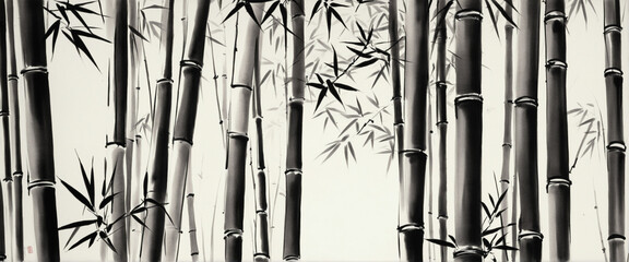 Japanese sumi-e style bamboo painting. Japanese ink painting of a bamboo. Extra wide format. 

