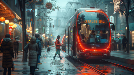 A vibrant cityscape at dusk featuring a sleek, modern tram, highlighting the urban connectivity enhanced by 5G technology. - obrazy, fototapety, plakaty