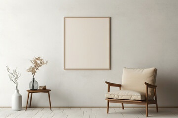 Cozy beige living room with a lone chair, wooden decor, and a blank frame ready for personalized text.