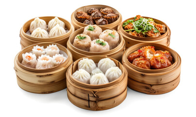 Fototapeta premium An array of dim sum served in bamboo steamers, including a variety of dumplings, buns, and savory bites, showcasing the diverse and flavorful offerings of traditional Chinese cuisine