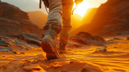 hiker walking along a path in the middle of the desert, Travel and adventure concept. - obrazy, fototapety, plakaty