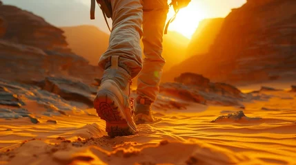 Rolgordijnen hiker walking along a path in the middle of the desert, Travel and adventure concept. © GEMES