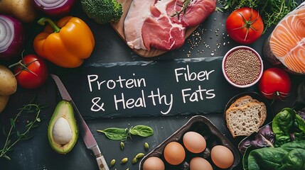 vegetables on a blackboard placard saying Protein Fiber Healthy Fats
