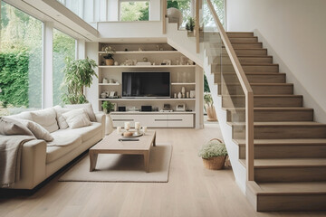 Interior space featuring beige stairs leading to a cozy TV room with Scandinavian charm.