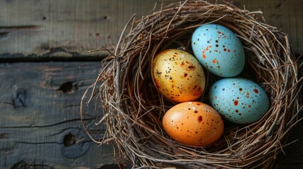 Eggs nestled on rustic wooden planks for Easter
