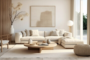 A serene beige living room with sleek, modern Scandinavian design elements, featuring clean lines...