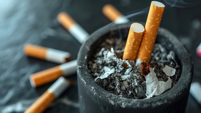 Image of a cigarette placed in an ashtray beside another standalone cigarette.