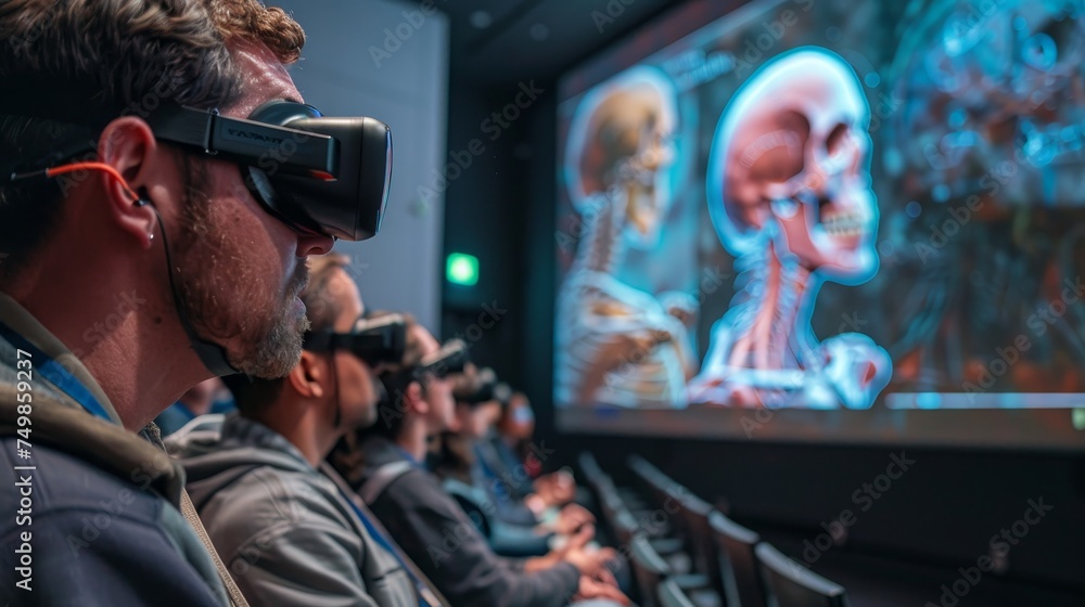 Poster a group of students wearing vr headsets is engaged in an interactive anatomy learning session in a m