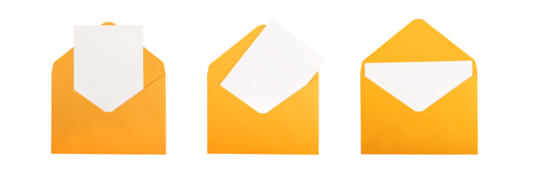 Blank greeting card mockup, postcard mock up in open paper envelope, set isolated on white, transparent png