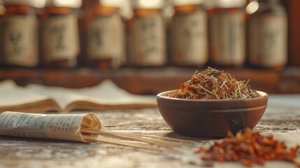 A serene setting of traditional Chinese herbs in a bowl with blurred ancient script in the background, embodying traditional healing practices. - obrazy, fototapety, plakaty