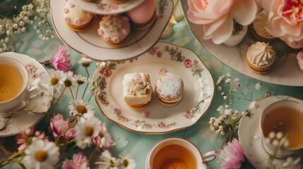 Stylish Easter Gathering - Tea party with assortment of lamingtons served on fine china, evoking the charm of Easter gatherings.