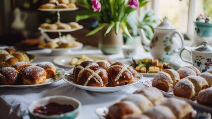 Obraz na płótnie Canvas Inviting Easter Brunch Spread - Plates of hot cross buns served with clotted cream and jam, accentuating the richness of the baked goods.