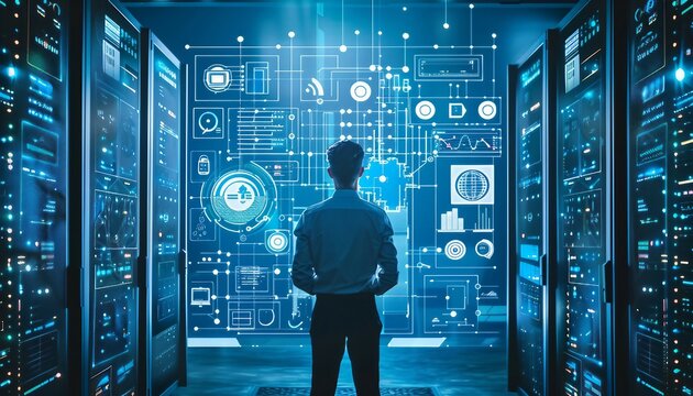AI-Driven Predictive Maintenance, AI-driven predictive maintenance within a data center concept with an image featuring predictive analytics algorithms monitoring equipment health, AI