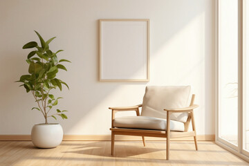 Harmony of beige and Scandinavian design, showcasing a chair, plant, and an open frame for your custom text.