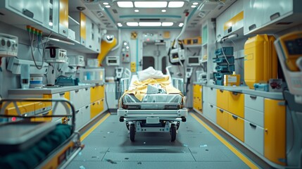 Inside a state-of-the-art hospital emergency room, equipped with advanced medical machinery and an empty patient bed, ready for urgent care.