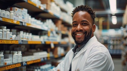 An engaging male pharmacist with a friendly smile provides expert service in a pharmacy full of medical supplies. - obrazy, fototapety, plakaty