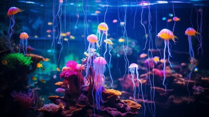 Colorful bright jellyfish swim underwater in the sea on a black background. Marine life.