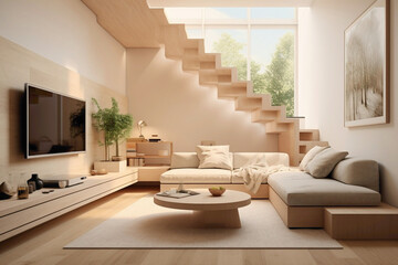 Relaxing TV room with beige stairs, minimalist d?(C)cor, and natural light streaming through the window.