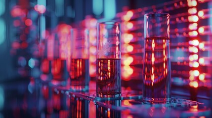 Test tubes illuminated by neon lights in a contemporary science laboratory, showcasing a vibrant research environment.