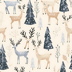 Reindeer and pine trees seamless repeating pattern