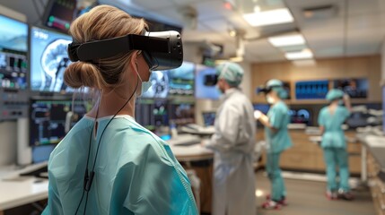 A surgeon is immersed in a virtual reality simulation for medical training or surgery planning in a state-of-the-art operating room.