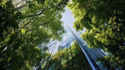 Modern office building amidst green trees, showcasing eco-friendly architecture.