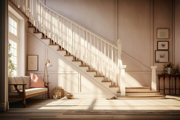 Whispers of Scandinavian simplicity resonate in the graceful ascent of a beige staircase, bathed in the soft glow of natural light.