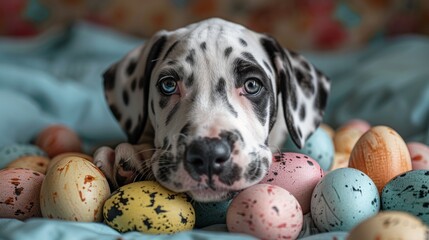 Here's a cute little Dalmatian puppy who looks like he just painted Easter eggs.