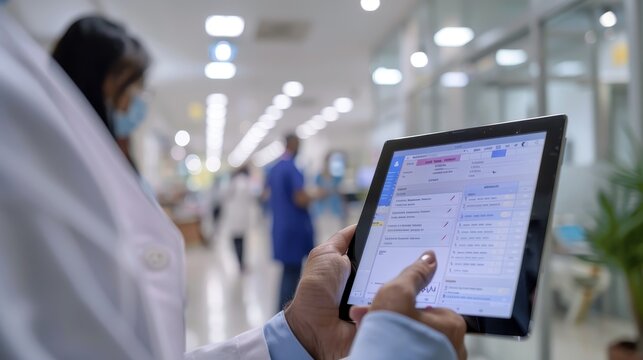 A medical professional is focused on a tablet displaying patient information, in a busy hospital corridor blurred in the background.