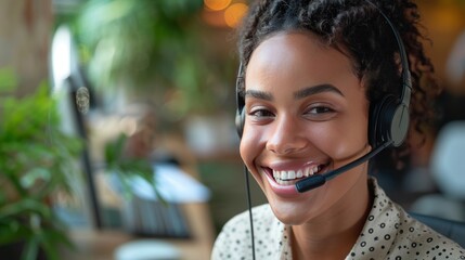 Female customer support operator with headset and smiling - obrazy, fototapety, plakaty