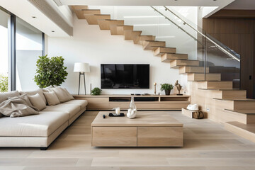 Modern living room setup with beige stairs and a chic TV area, perfect for entertaining guests.